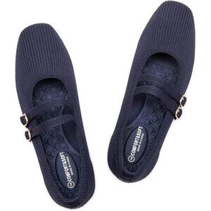 Frank Mully Women's Blue Fabric Square Toe Mary Jane Ballet Flats with Strap